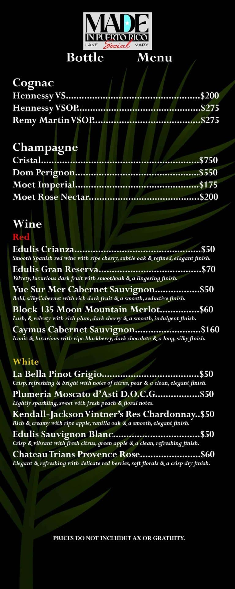 Bottle menu - MIPR Lake Mary Social